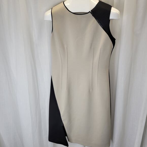 Tahari Black Tan Asymmetrical Sheath Office Dress with Zipper Accents, 8 - Picture 1 of 15